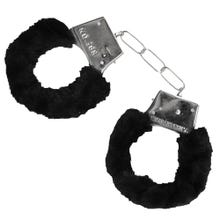 Black & White - Pleasure Furry Hand Cuffs - Handfesseln mit Schnellverschlussknopf - black